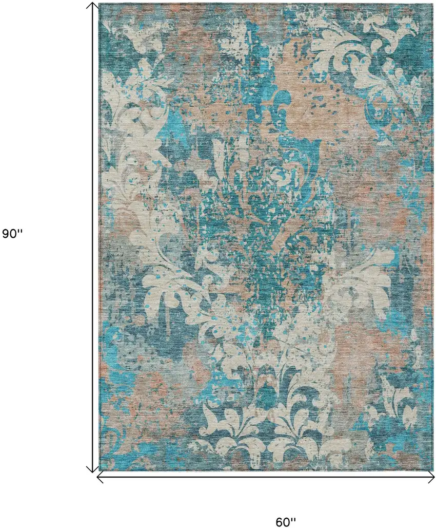 Teal Blue Ivory And Light Brown Damask Washable Indoor Outdoor Area Rug Photo 3