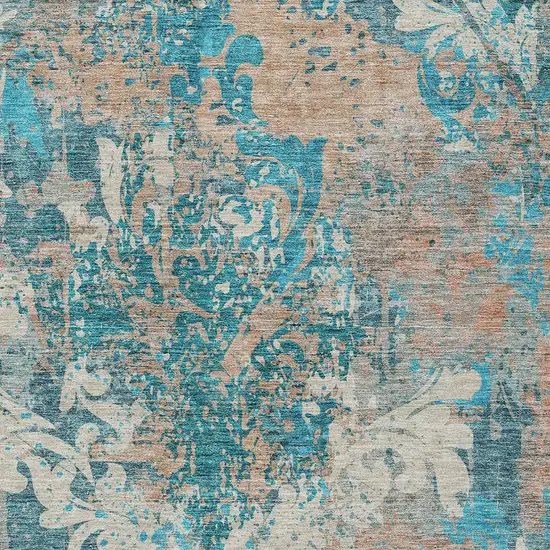Teal Blue Ivory And Light Brown Damask Washable Indoor Outdoor Area Rug Photo 6