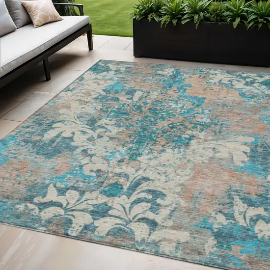Teal Blue Ivory And Light Brown Damask Washable Indoor Outdoor Area Rug Photo 1