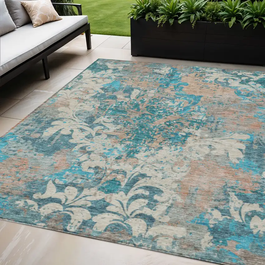 Teal Blue Ivory And Light Brown Damask Washable Indoor Outdoor Area Rug Photo 1