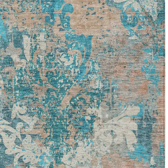 Teal Blue Ivory And Light Brown Damask Washable Indoor Outdoor Area Rug Photo 6