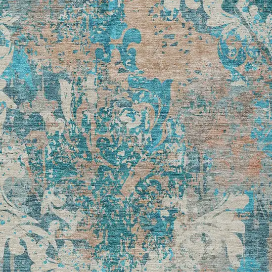 Teal Blue Ivory And Light Brown Damask Washable Indoor Outdoor Area Rug Photo 6