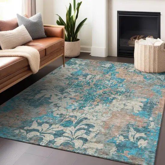 Teal Blue Ivory And Light Brown Damask Washable Indoor Outdoor Area Rug Photo 9
