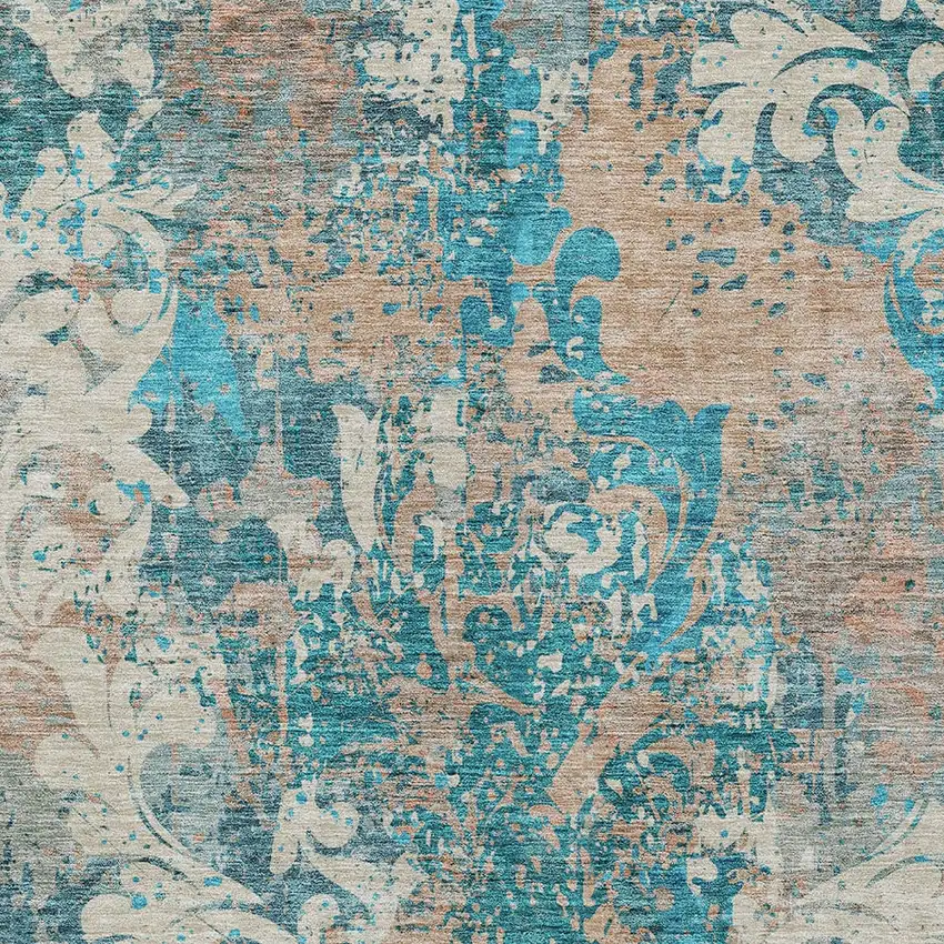 Teal Blue Ivory And Light Brown Damask Washable Indoor Outdoor Area Rug Photo 6