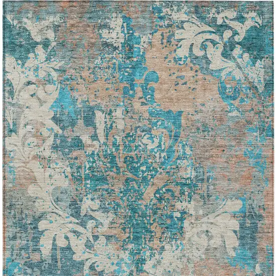 Teal Blue Ivory And Light Brown Damask Washable Indoor Outdoor Area Rug Photo 7