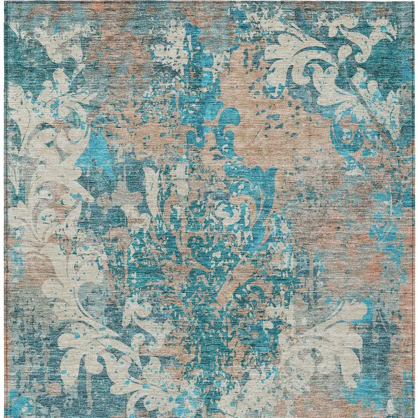 Teal Blue Ivory And Light Brown Damask Washable Indoor Outdoor Area Rug Photo 7