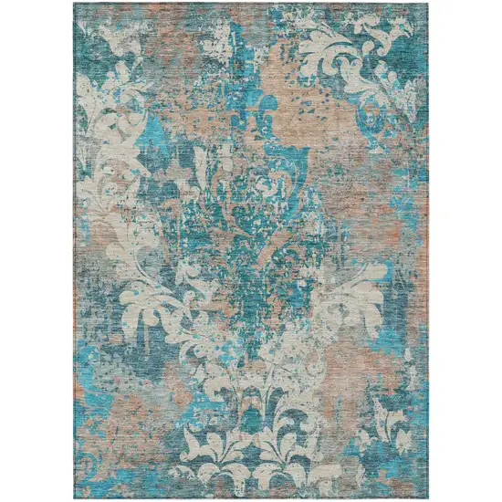 Teal Blue Ivory And Light Brown Damask Washable Indoor Outdoor Area Rug Photo 2