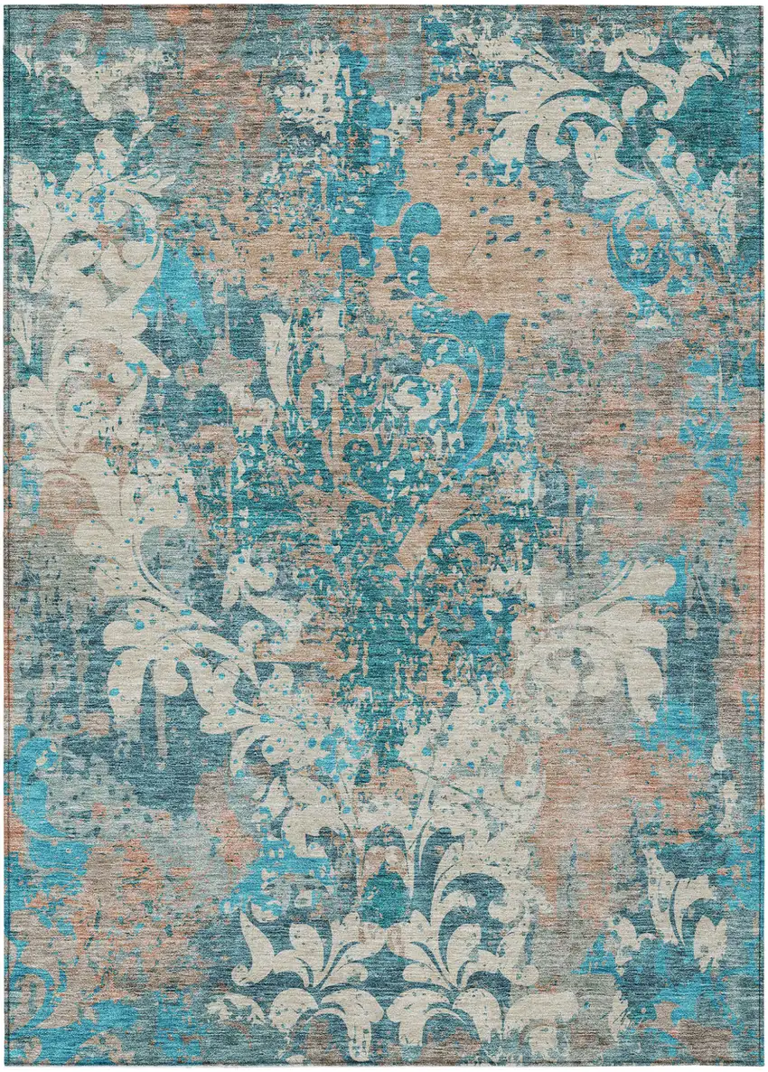 Teal Blue Ivory And Light Brown Damask Washable Indoor Outdoor Area Rug Photo 2