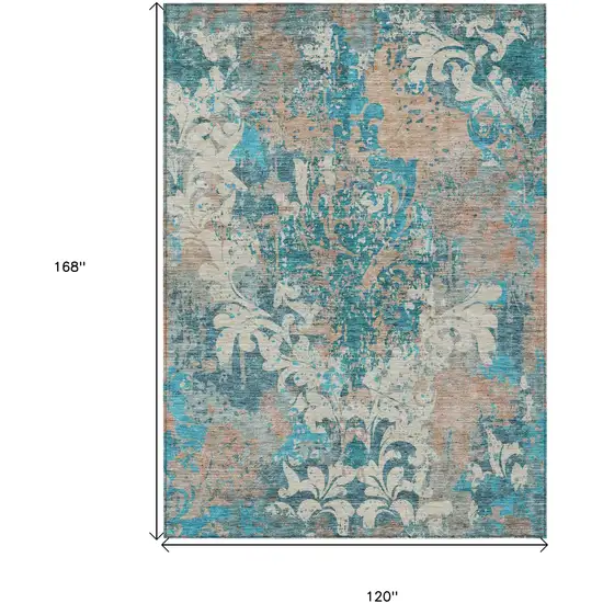 Teal Blue Ivory And Light Brown Damask Washable Indoor Outdoor Area Rug Photo 3