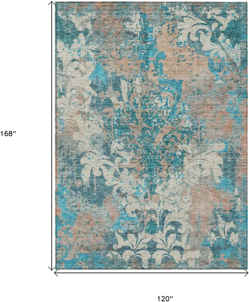Teal Blue Ivory And Light Brown Damask Washable Indoor Outdoor Area Rug Photo 3