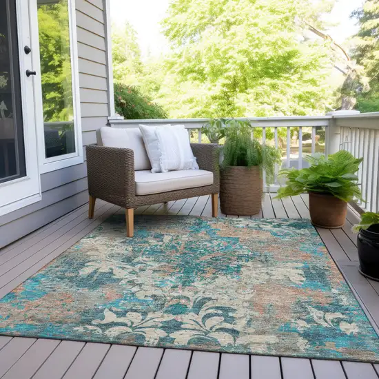 Teal Blue Ivory And Light Brown Damask Washable Indoor Outdoor Area Rug Photo 8