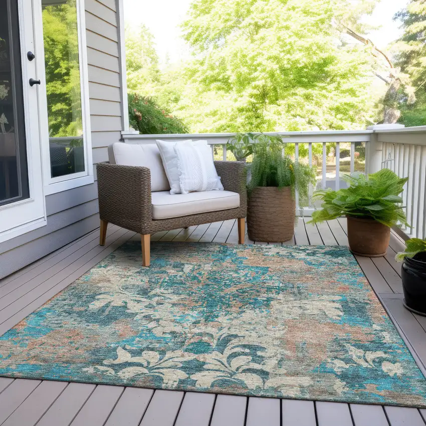 Teal Blue Ivory And Light Brown Damask Washable Indoor Outdoor Area Rug Photo 8