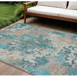 Photo of Teal Blue Ivory And Light Brown Damask Washable Indoor Outdoor Area Rug