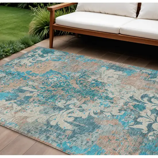 Teal Blue Ivory And Light Brown Damask Washable Indoor Outdoor Area Rug Photo 1