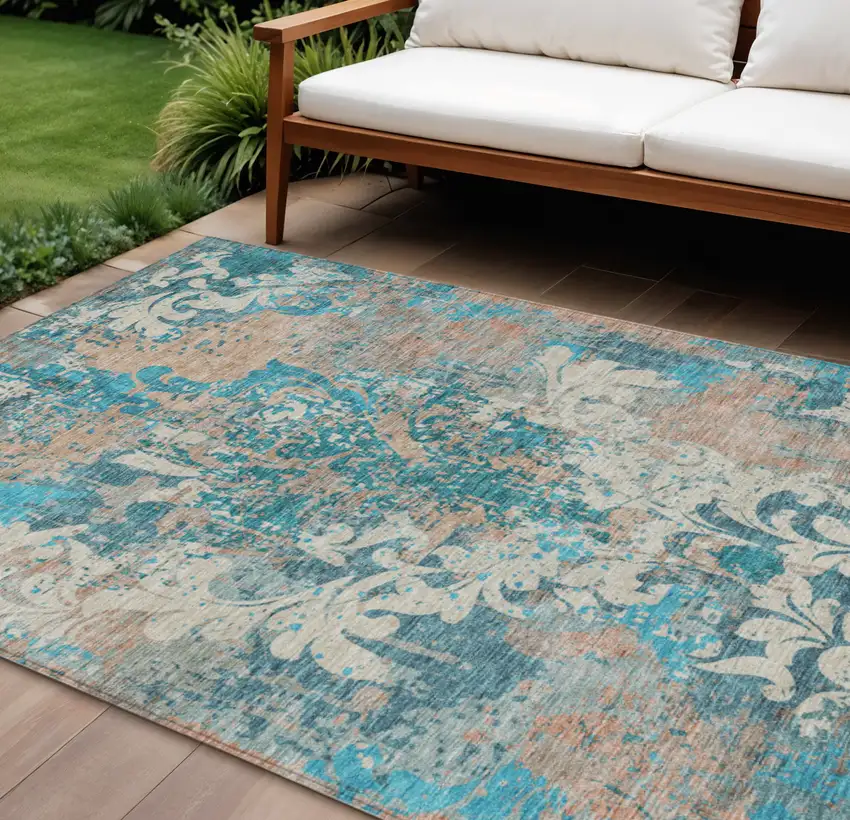 Teal Blue Ivory And Light Brown Damask Washable Indoor Outdoor Area Rug Photo 1