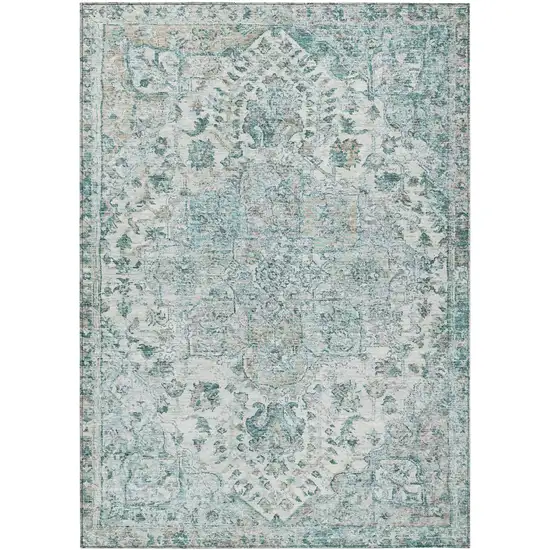 Teal Blue Ivory And Pale Aqua Floral Medallion Washable Indoor Outdoor Area Rug Photo 1