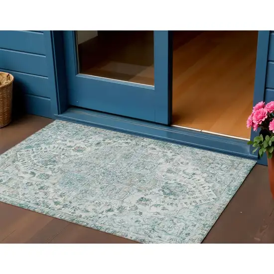 Teal Blue Ivory And Pale Aqua Floral Medallion Washable Indoor Outdoor Area Rug Photo 2