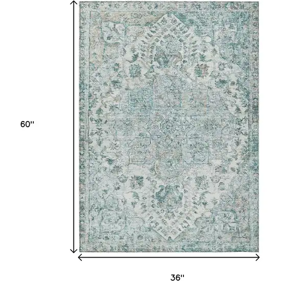 Teal Blue Ivory And Pale Aqua Floral Medallion Washable Indoor Outdoor Area Rug Photo 9