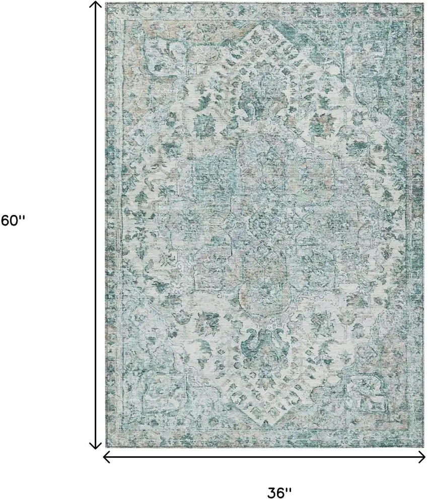 Teal Blue Ivory And Pale Aqua Floral Medallion Washable Indoor Outdoor Area Rug Photo 9