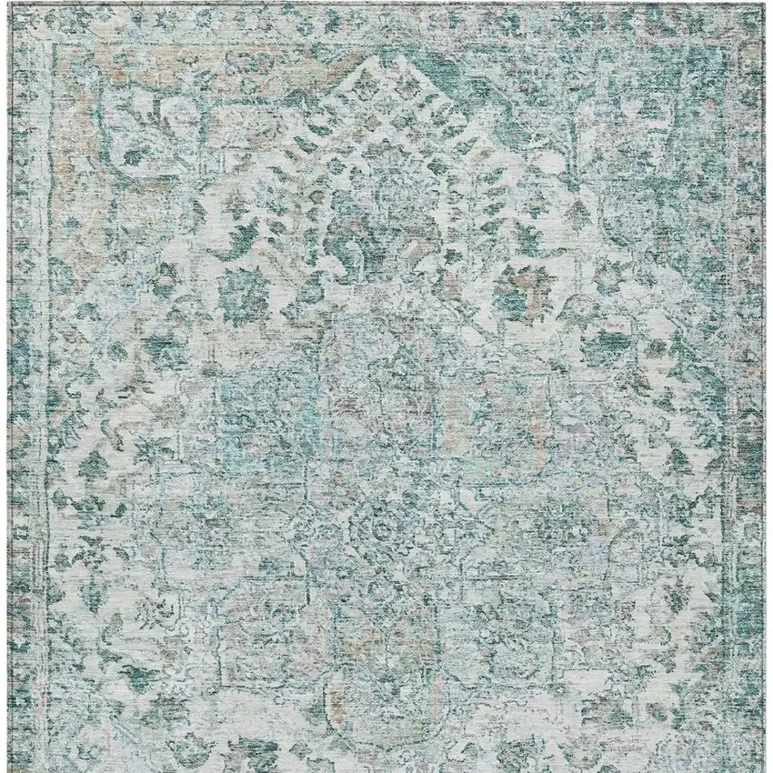 Teal Blue Ivory And Pale Aqua Floral Medallion Washable Indoor Outdoor Area Rug Photo 3
