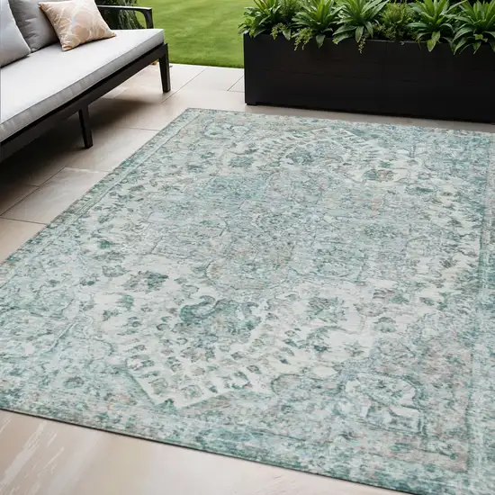 Teal Blue Ivory And Pale Aqua Floral Medallion Washable Indoor Outdoor Area Rug Photo 2
