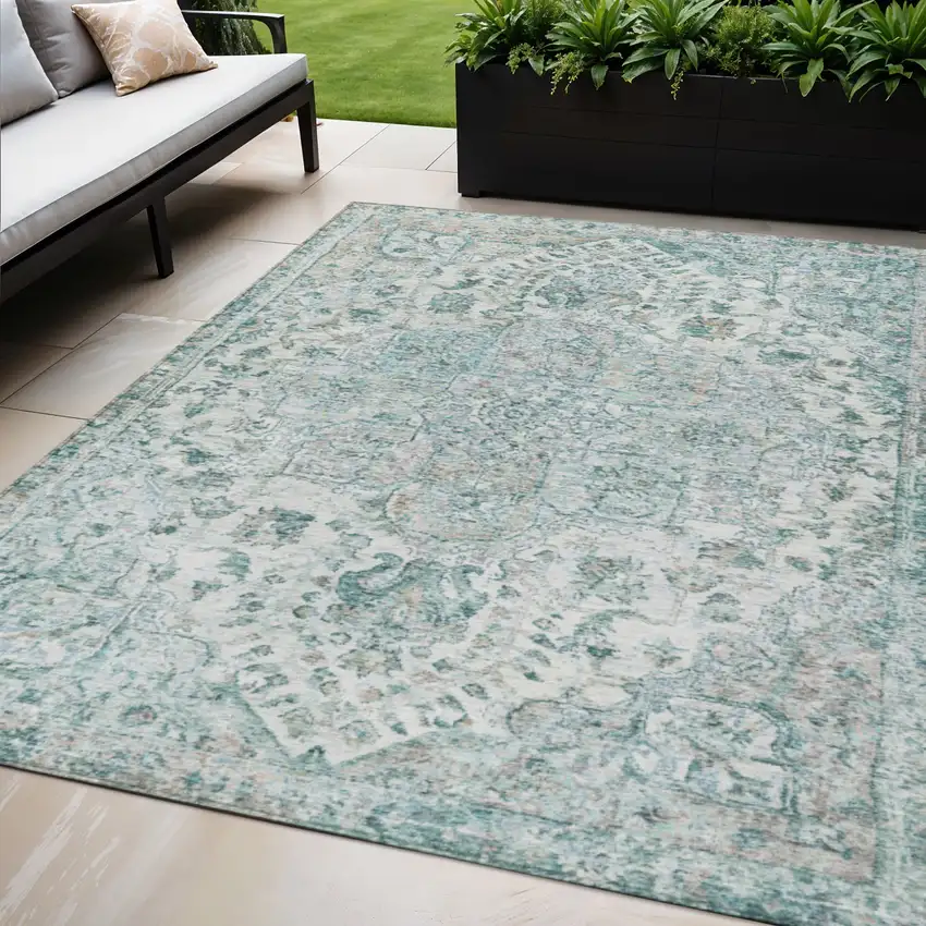 Teal Blue Ivory And Pale Aqua Floral Medallion Washable Indoor Outdoor Area Rug Photo 2