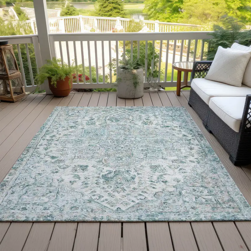 Teal Blue Ivory And Pale Aqua Floral Medallion Washable Indoor Outdoor Area Rug Photo 5
