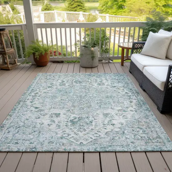 Teal Blue Ivory And Pale Aqua Floral Medallion Washable Indoor Outdoor Area Rug Photo 5