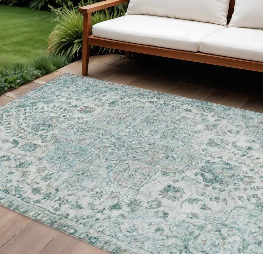 Teal Blue Ivory And Pale Aqua Floral Medallion Washable Indoor Outdoor Area Rug Photo 2