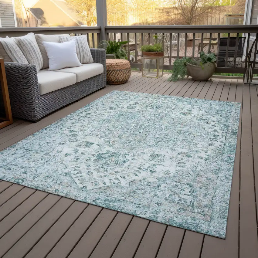 Teal Blue Ivory And Pale Aqua Floral Medallion Washable Indoor Outdoor Area Rug Photo 8