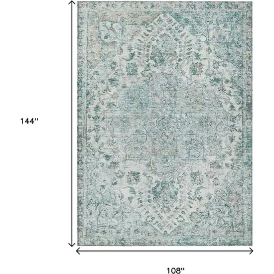 Teal Blue Ivory And Pale Aqua Floral Medallion Washable Indoor Outdoor Area Rug Photo 9