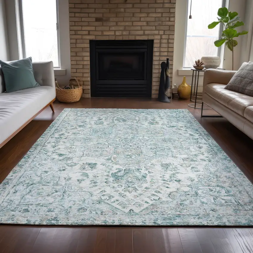 Teal Blue Ivory And Pale Aqua Floral Medallion Washable Indoor Outdoor Area Rug Photo 7