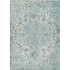 Photo of Teal Blue Ivory And Pale Aqua Floral Medallion Washable Indoor Outdoor Area Rug