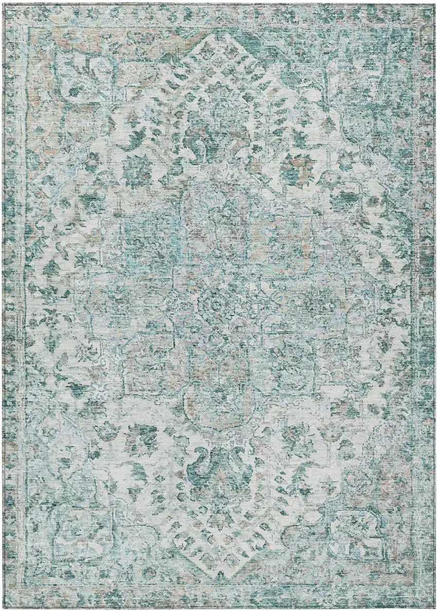 Teal Blue Ivory And Pale Aqua Floral Medallion Washable Indoor Outdoor Area Rug Photo 1