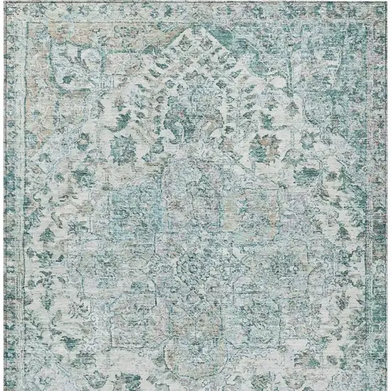 Teal Blue Ivory And Pale Aqua Floral Medallion Washable Indoor Outdoor Area Rug Photo 3