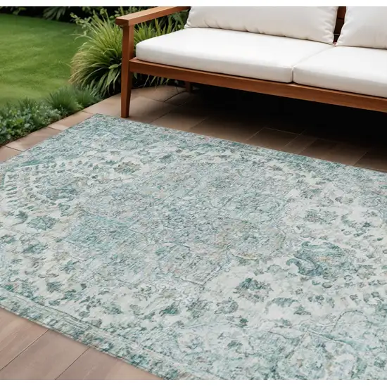Teal Blue Ivory And Pale Aqua Floral Medallion Washable Indoor Outdoor Area Rug Photo 2