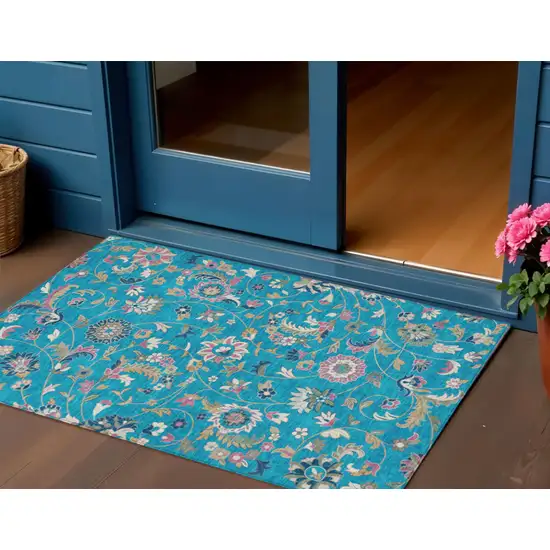 Teal Blue Ivory And Pink Floral Washable Indoor Outdoor Area Rug Photo 1