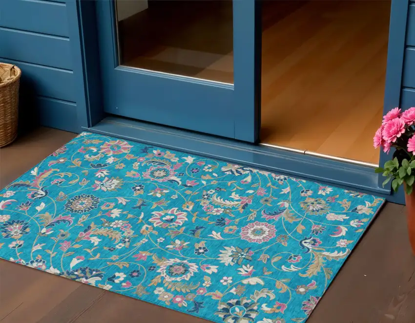 Teal Blue Ivory And Pink Floral Washable Indoor Outdoor Area Rug Photo 1