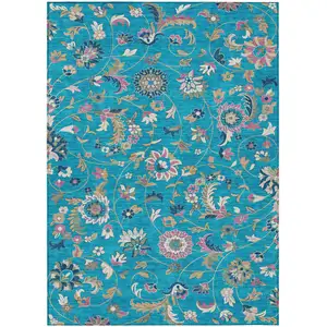 Photo of Teal Blue Ivory And Pink Floral Washable Indoor Outdoor Area Rug