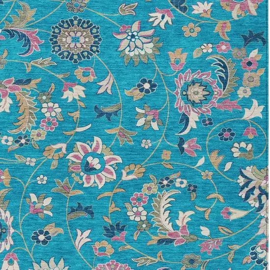 Teal Blue Ivory And Pink Floral Washable Indoor Outdoor Area Rug Photo 6