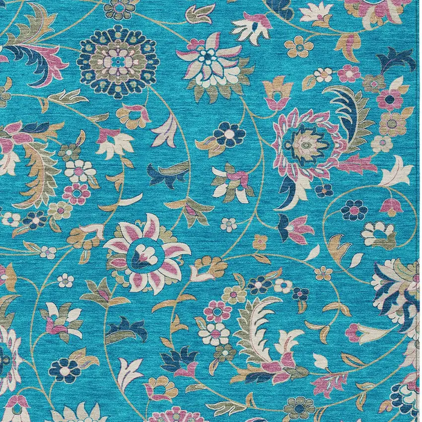 Teal Blue Ivory And Pink Floral Washable Indoor Outdoor Area Rug Photo 6