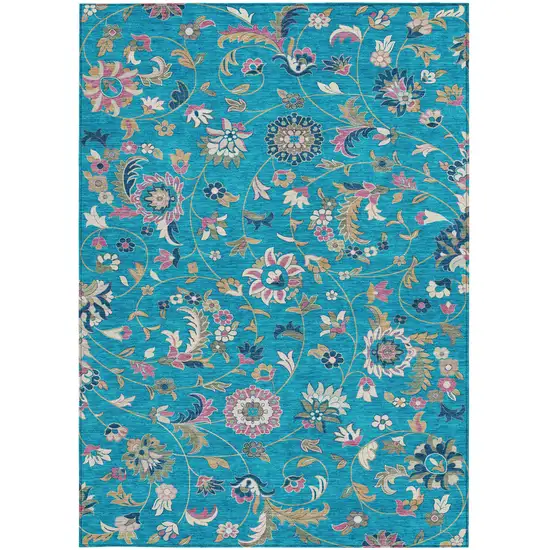 Teal Blue Ivory And Pink Floral Washable Indoor Outdoor Area Rug Photo 7