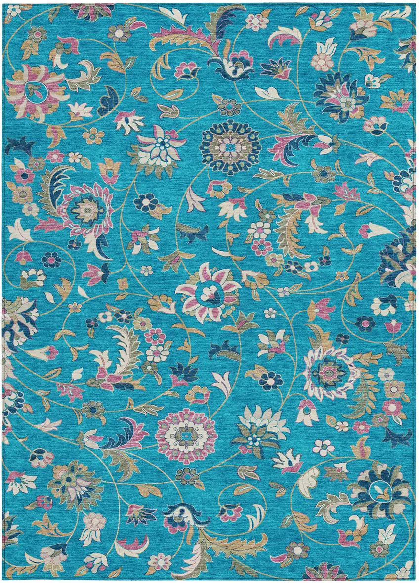 Teal Blue Ivory And Pink Floral Washable Indoor Outdoor Area Rug Photo 7
