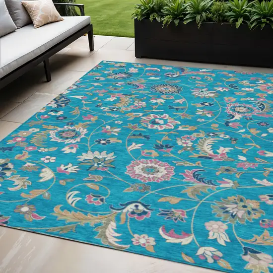 Teal Blue Ivory And Pink Floral Washable Indoor Outdoor Area Rug Photo 1