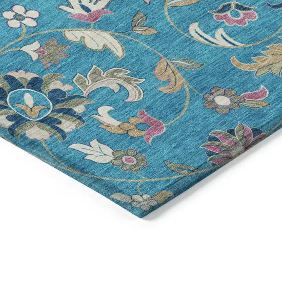 Teal Blue Ivory And Pink Floral Washable Indoor Outdoor Area Rug Photo 4
