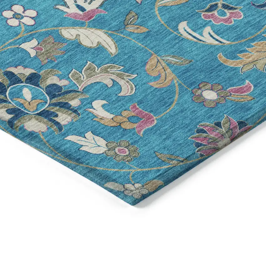 Teal Blue Ivory And Pink Floral Washable Indoor Outdoor Area Rug Photo 4