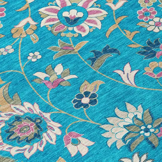 Teal Blue Ivory And Pink Floral Washable Indoor Outdoor Area Rug Photo 5