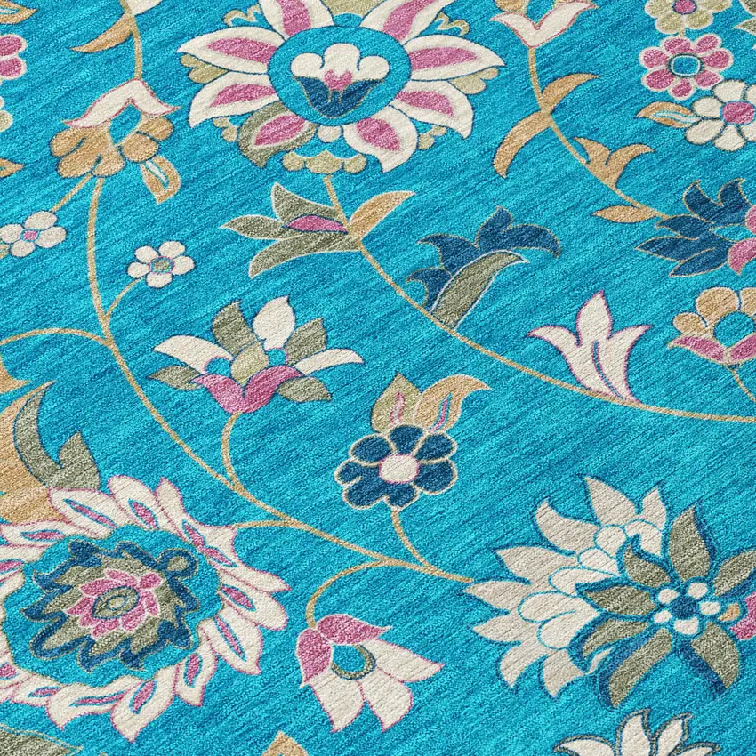 Teal Blue Ivory And Pink Floral Washable Indoor Outdoor Area Rug Photo 5
