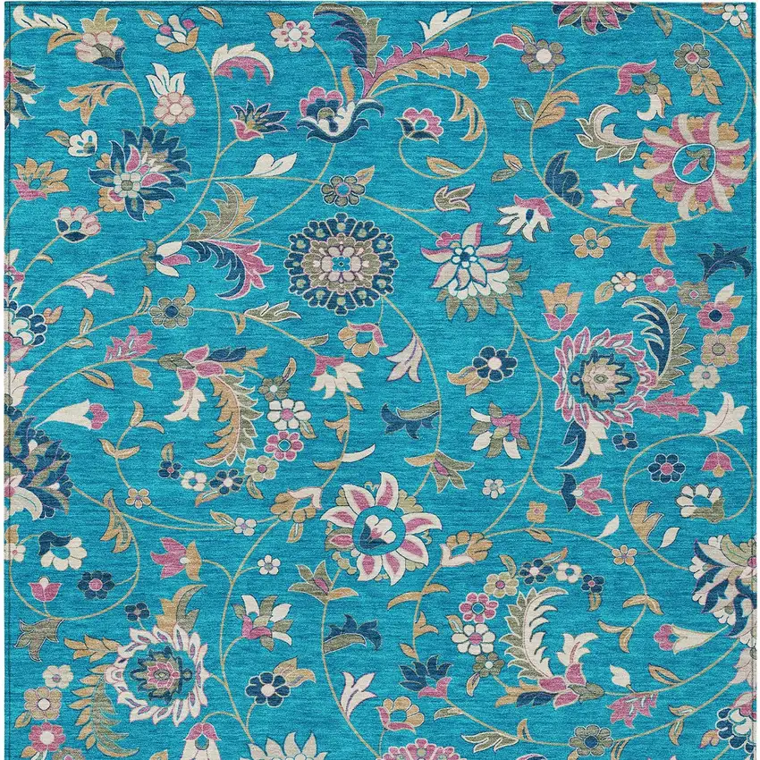 Teal Blue Ivory And Pink Floral Washable Indoor Outdoor Area Rug Photo 7