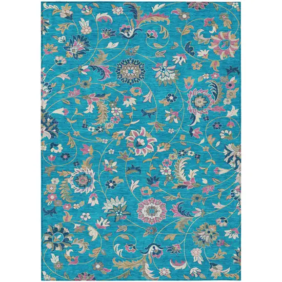 Teal Blue Ivory And Pink Floral Washable Indoor Outdoor Area Rug Photo 2